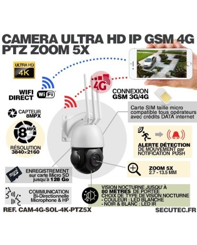 Kit vidéosurveillance 24h sur 24h caméra 4G 4K pilotable solaire Zoom X5 autonome waterproof 128Go Kit vidéosurveillance 24h sur 24h caméra 4G 4K pilotable solaire Zoom X5 autonome waterproof 128Go
