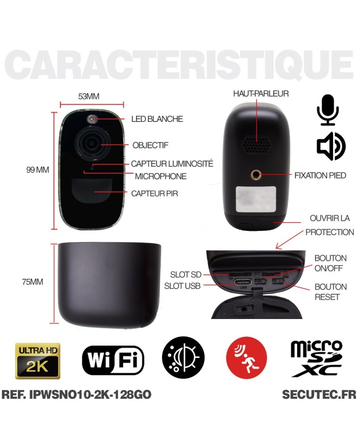 Camera noire WiFi solaire UHD 2K infrarouge invisible très longue autonomie detection de mouvement et humaine 128Go