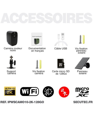 Camera noire WiFi solaire UHD 2K infrarouge invisible très longue autonomie detection de mouvement et humaine 128Go Camera noire WiFi solaire UHD 2K infrarouge invisible très longue autonomie detection de mouvement et humaine 128Go