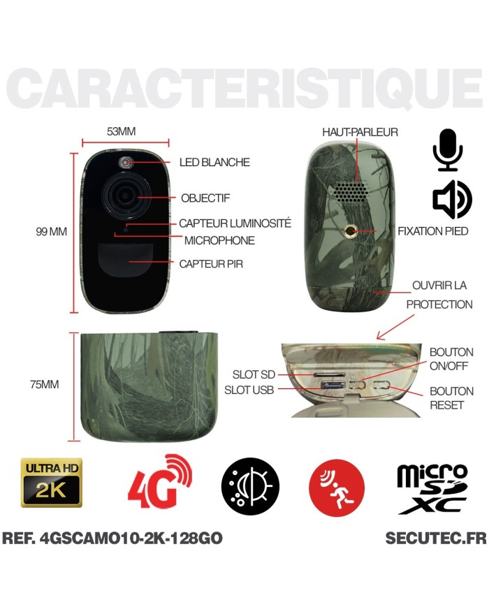 Camera camouflage solaire 4G UHD 2K IR invisible très longue autonomie detection humaine et de mouvement 128Go