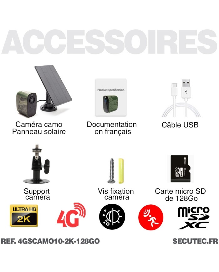 Camera camouflage solaire 4G UHD 2K IR invisible très longue autonomie detection humaine et de mouvement 128Go