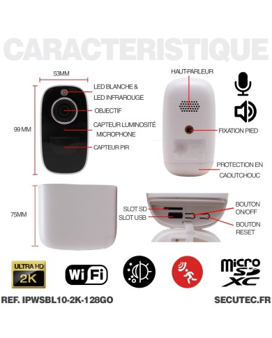 Camera blanche WiFi solaire UHD 2K infrarouge invisible très longue autonomie detection de mouvement et humaine 128Go Camera blanche WiFi solaire UHD 2K infrarouge invisible très longue autonomie detection de mouvement et humaine 128Go