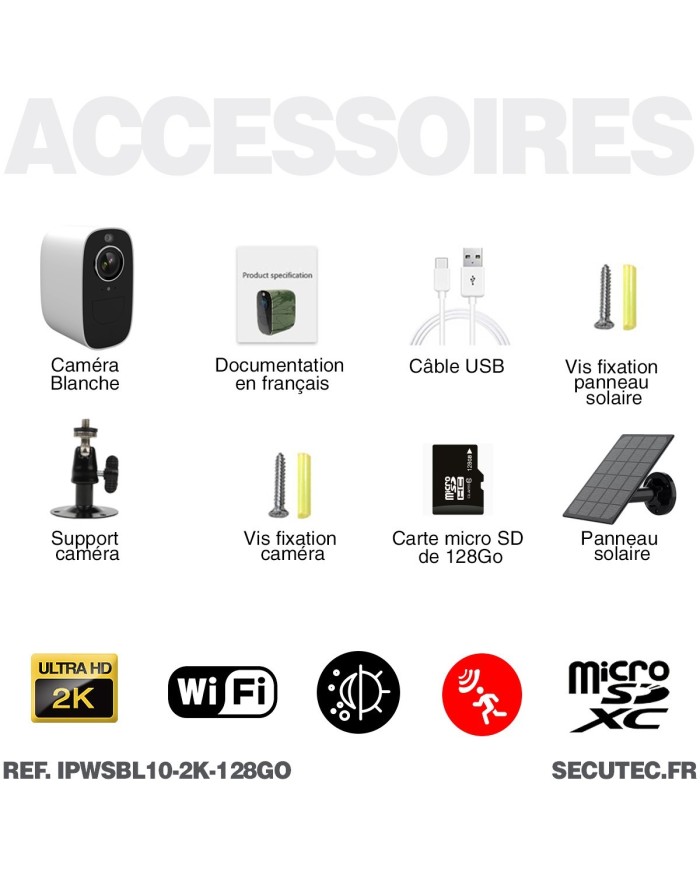 Camera blanche WiFi solaire UHD 2K infrarouge invisible très longue autonomie detection de mouvement et humaine 128Go Camera blanche WiFi solaire UHD 2K infrarouge invisible très longue autonomie detection de mouvement et humaine 128Go