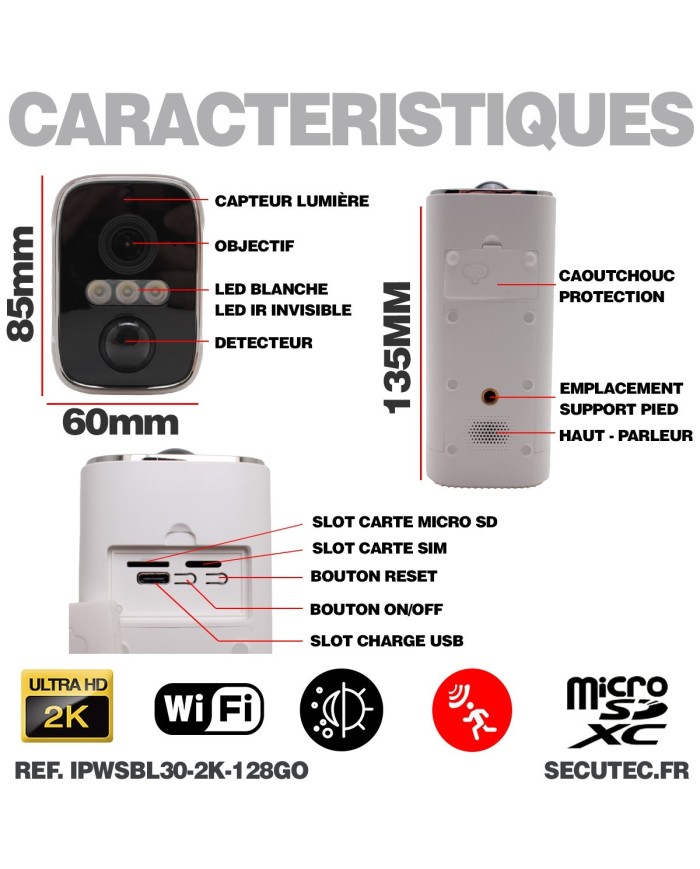 Camera blanche WiFi solaire UHD 2K infrarouge invisible ultra longue autonomie detection de mouvement et humaine 128Go Camera blanche WiFi solaire UHD 2K infrarouge invisible ultra longue autonomie detection de mouvement et humaine 128Go