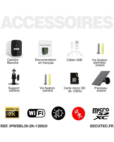 Camera blanche WiFi solaire UHD 2K infrarouge invisible ultra longue autonomie detection de mouvement et humaine 128Go Camera blanche WiFi solaire UHD 2K infrarouge invisible ultra longue autonomie detection de mouvement et humaine 128Go