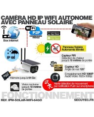 Caméra solaire Wifi HD 1080P waterproof Infrarouge accès à distance via iPhone Android 64 Go inclus