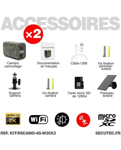 Kit vidéosurveillance camouflage 3G 4G autonome 2 caméras ultra longue autonomie solaires WIFI UHD 2K 128Go Kit vidéosurveillance camouflage 3G 4G autonome 2 caméras ultra longue autonomie solaires WIFI UHD 2K 128Go