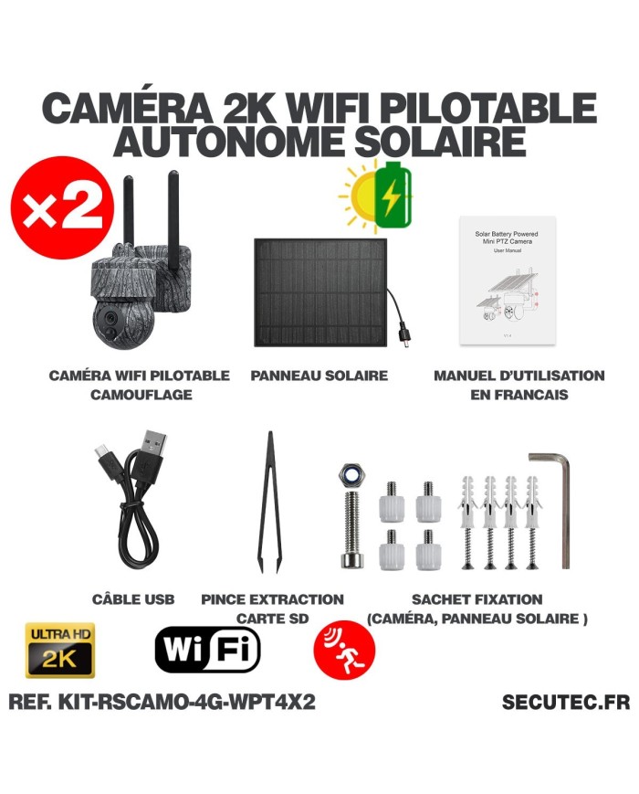Kit vidéosurveillance  4G  2 caméras pilotables solaires WIFI 2K