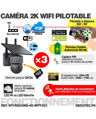 Kit vidéosurveillance camouflage 4G autonome 3 caméras pilotables 2K Kit vidéosurveillance camouflage 4G autonome 3 caméras pilotables 2K