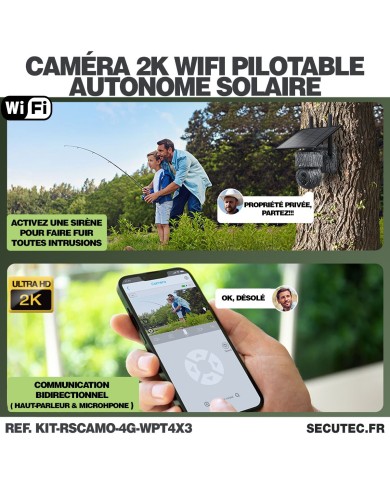 Kit vidéosurveillance camouflage 4G autonome 3 caméras pilotables 2K Kit vidéosurveillance camouflage 4G autonome 3 caméras pilotables 2K