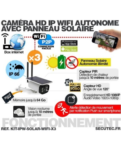 Kit de 3 caméras solaires Wifi HD 1080P waterproof Infrarouge accès à distance via iPhone Android 64 Go inclus Kit de 3 caméras solaires Wifi HD 1080P waterproof Infrarouge accès à distance via iPhone Android 64 Go inclus
