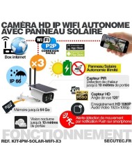 Kit de 3 caméras solaires Wifi HD 1080P waterproof Infrarouge accès à distance via iPhone Android 64 Go inclus