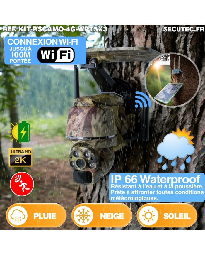 Kit vidéosurveillance camouflage 4G autonome 3 caméras pilotables solaires WIFI 2K 128Go