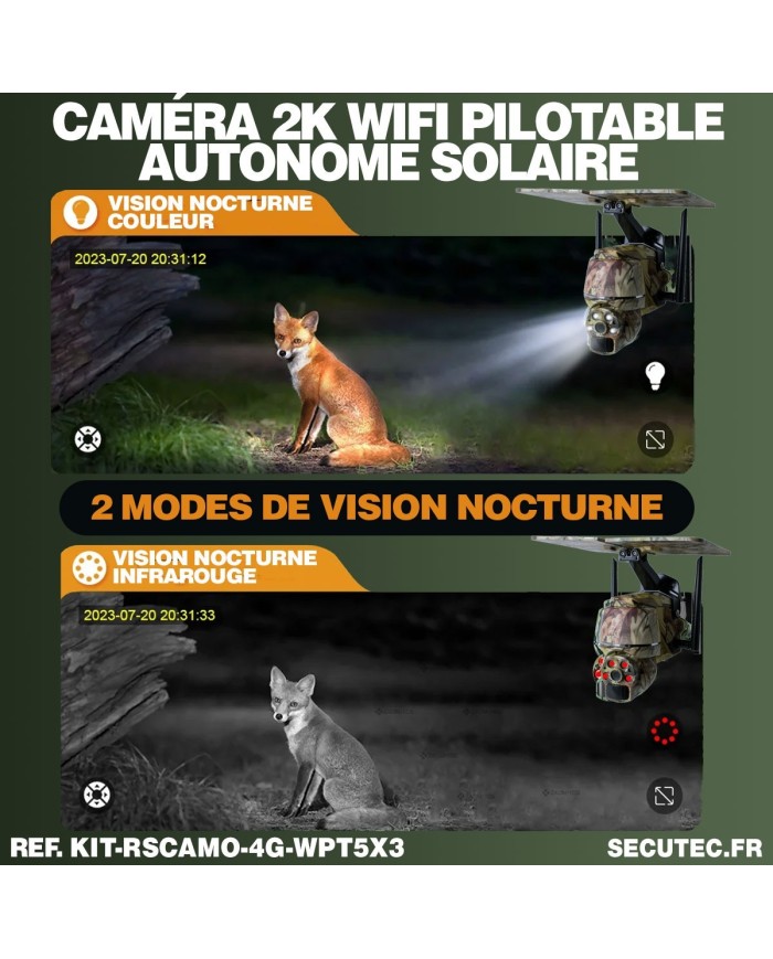 Kit vidéosurveillance camouflage 4G autonome 3 caméras pilotables solaires WIFI 2K 128Go