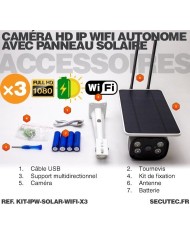 Kit de 3 caméras solaires Wifi HD 1080P waterproof Infrarouge accès à distance via iPhone Android 64 Go inclus
