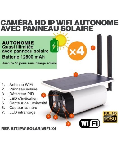Kit de 4 caméras solaires Wifi HD 1080P waterproof Infrarouge accès à distance via iPhone Android 64 Go inclus Kit de 4 caméras solaires Wifi HD 1080P waterproof Infrarouge accès à distance via iPhone Android 64 Go inclus