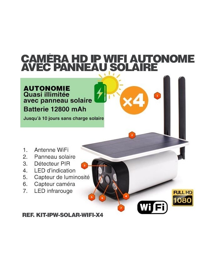 Kit de 4 caméras solaires Wifi HD 1080P waterproof Infrarouge accès à distance via iPhone Android 64 Go inclus