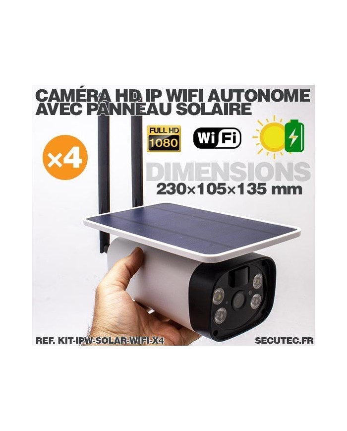 Kit de 4 caméras solaires Wifi HD 1080P waterproof Infrarouge accès à distance via iPhone Android 64 Go inclus