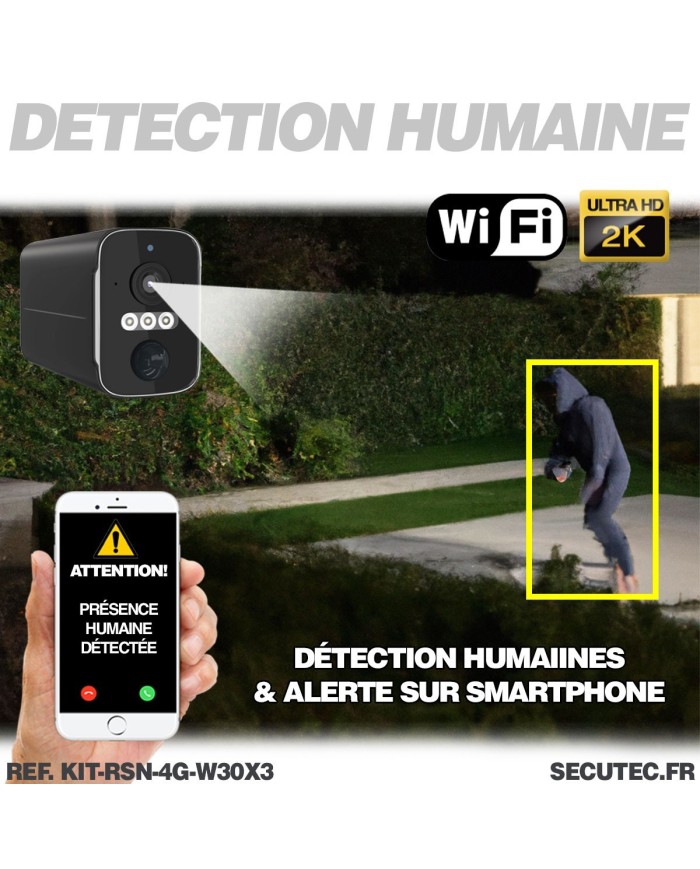 Kit vidéosurveillance 4G autonome 3 caméras solaires WIFI UHD 2K 128Go