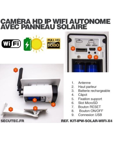 Kit de 4 caméras solaires Wifi HD 1080P waterproof Infrarouge accès à distance via iPhone Android 64 Go inclus Kit de 4 caméras solaires Wifi HD 1080P waterproof Infrarouge accès à distance via iPhone Android 64 Go inclus
