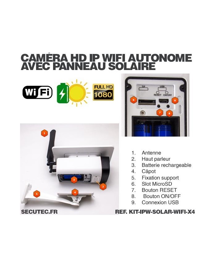 Kit de 4 caméras solaires Wifi HD 1080P waterproof Infrarouge accès à distance via iPhone Android 64 Go inclus