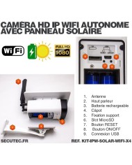 Kit de 4 caméras solaires Wifi HD 1080P waterproof Infrarouge accès à distance via iPhone Android 64 Go inclus