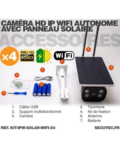 Kit de 4 caméras solaires Wifi HD 1080P waterproof Infrarouge accès à distance via iPhone Android 64 Go inclus Kit de 4 caméras solaires Wifi HD 1080P waterproof Infrarouge accès à distance via iPhone Android 64 Go inclus