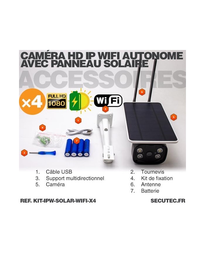 Kit de 4 caméras solaires Wifi HD 1080P waterproof Infrarouge accès à distance via iPhone Android 64 Go inclus