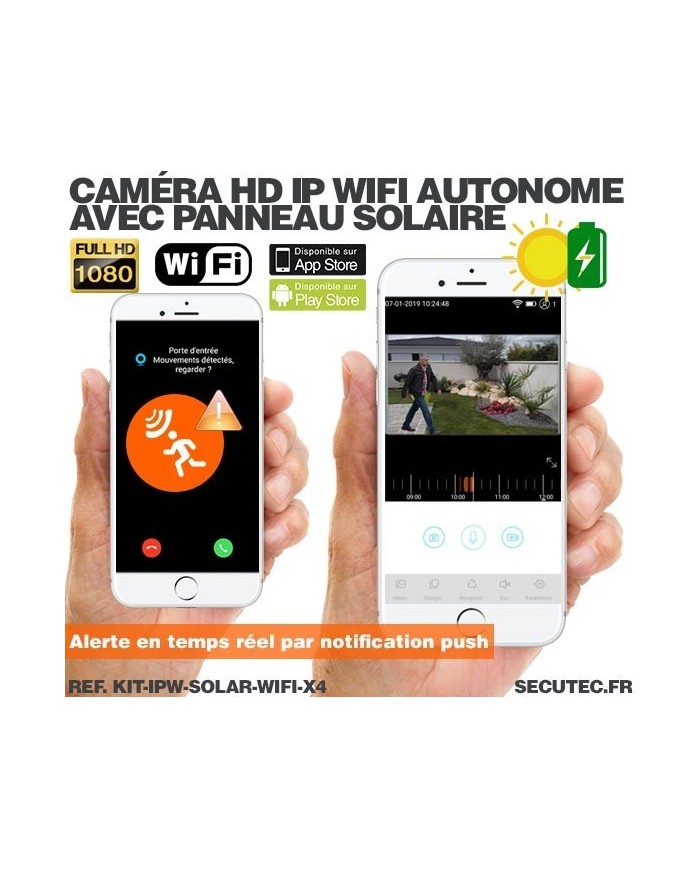 Kit de 4 caméras solaires Wifi HD 1080P waterproof Infrarouge accès à distance via iPhone Android 64 Go inclus
