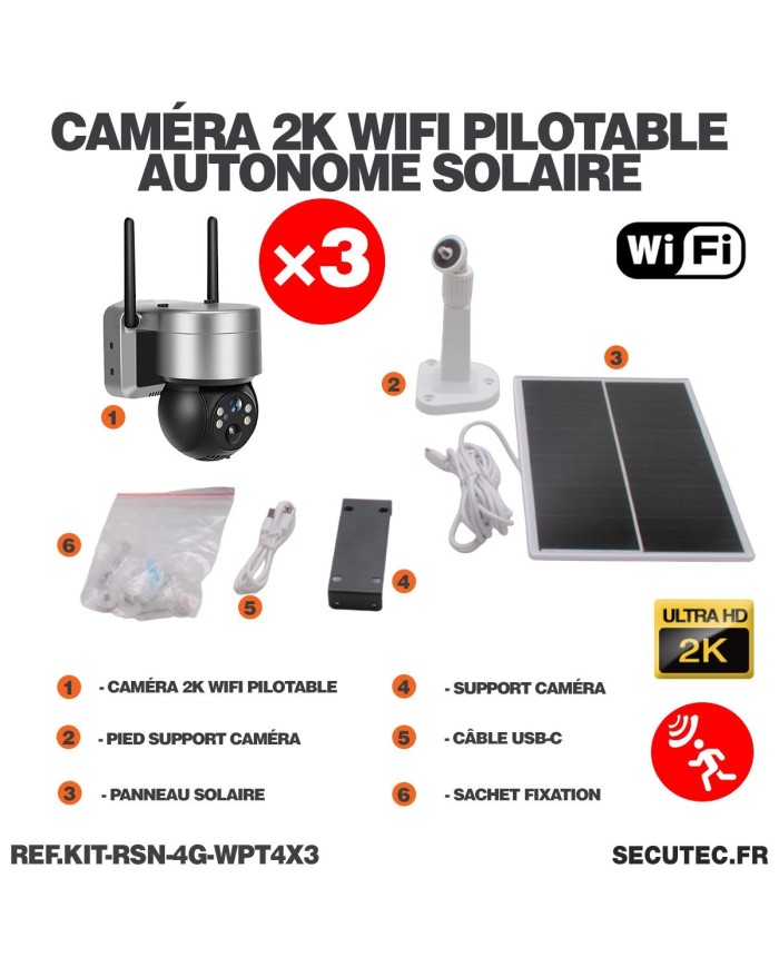 Kit vidéosurveillance 3G 4G autonome 3 caméras pilotables WIFI 2K