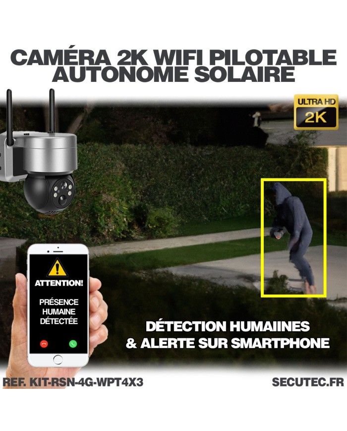 Kit vidéosurveillance 3G 4G autonome 3 caméras pilotables WIFI 2K